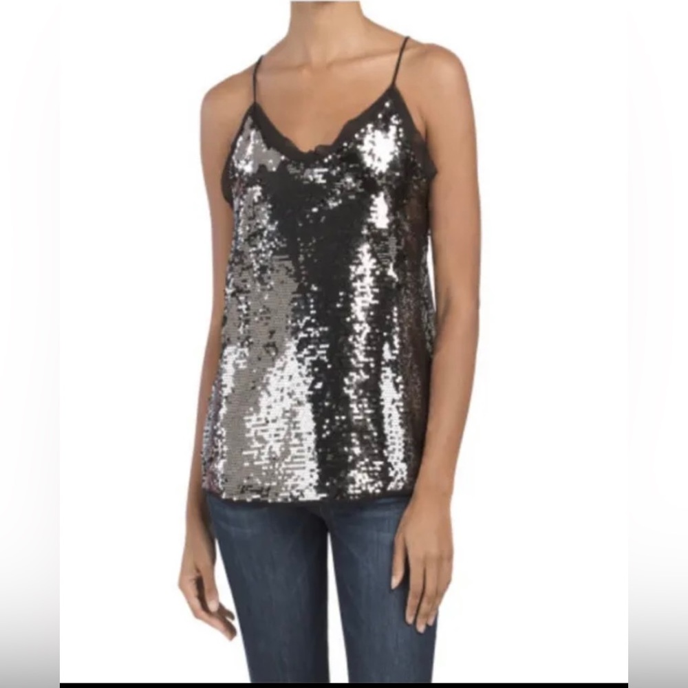 WD NY women Glitz Cami Versatile NEW SZ MEDIUM Black sheer with silver sequins